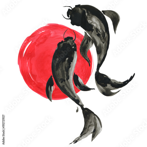 Koi fishes and red sun in Japanese style. Watercolor illustration