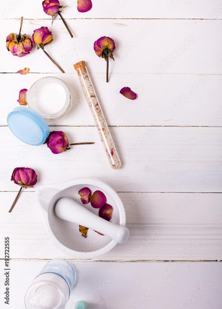Skin care set on a white wooden background Skin care set on a white wooden background