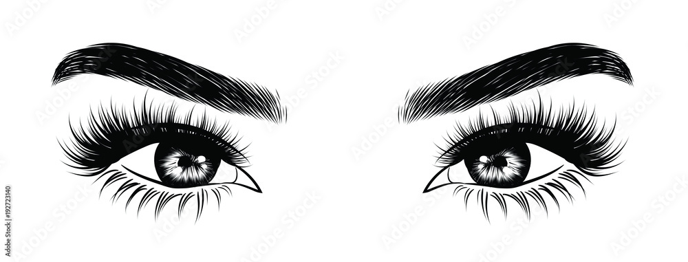Illustration of woman's sexy luxurious eye with perfectly shaped eyebrows and full lashes. Hand-drawn Idea for business visit card, typography vector. Perfect salon look.