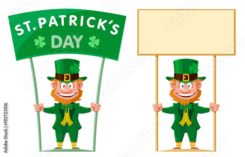 Saint Patrick's Day. Leprechaun holds banner. Cartoon styled vector illustration. Elements is grouped.  No gradient, no transparent objects.