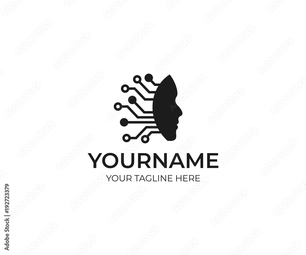 Artificial intelligence and human face logo template. Circuits electronics grid and communications vector design. Technology CPU Mind illustration
