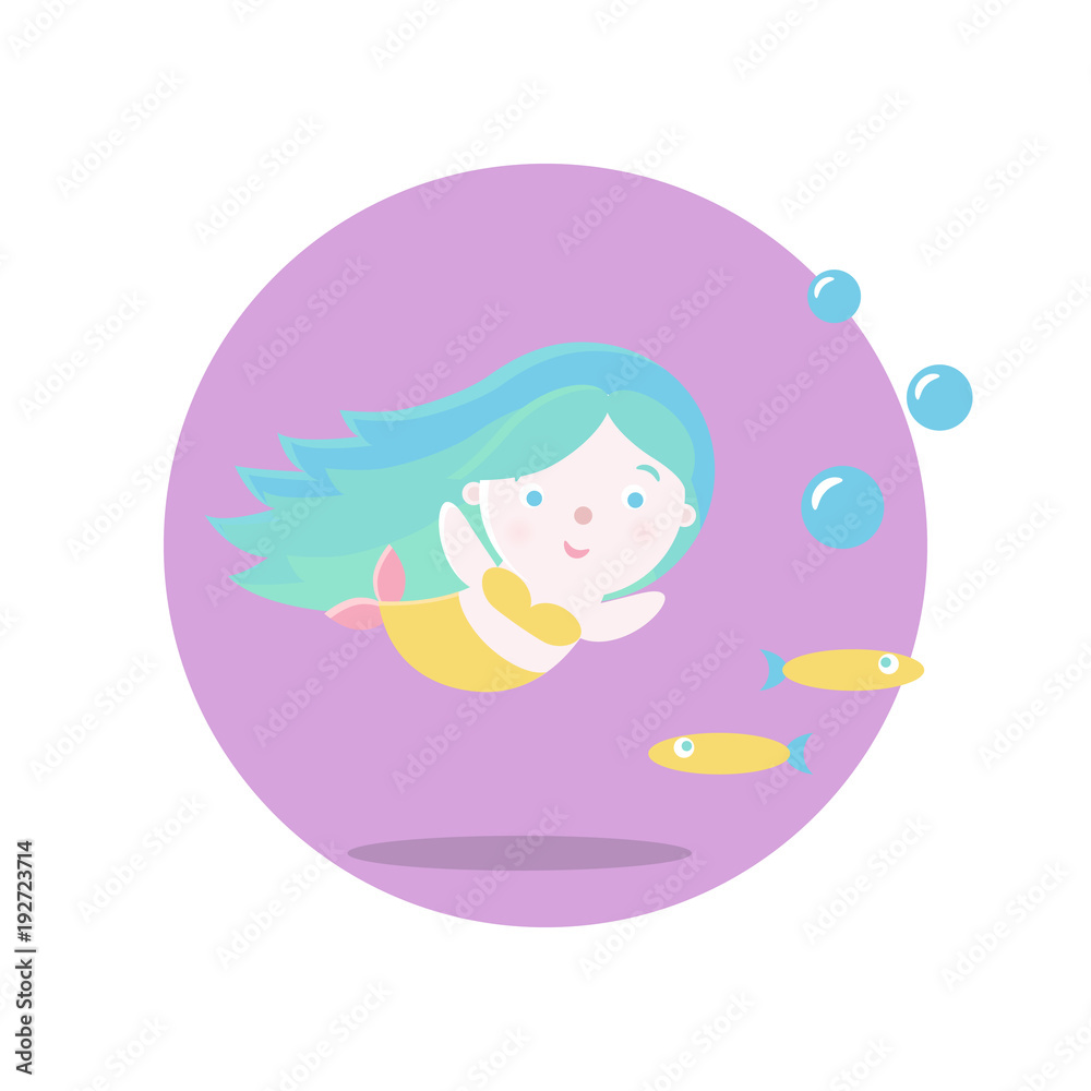 Mermaid with long colored hair floating next to fish. Vector illustration. Fairy-tale subjects and characters. Objects on a colored circle. Design for pictures, icons, postcards, covers