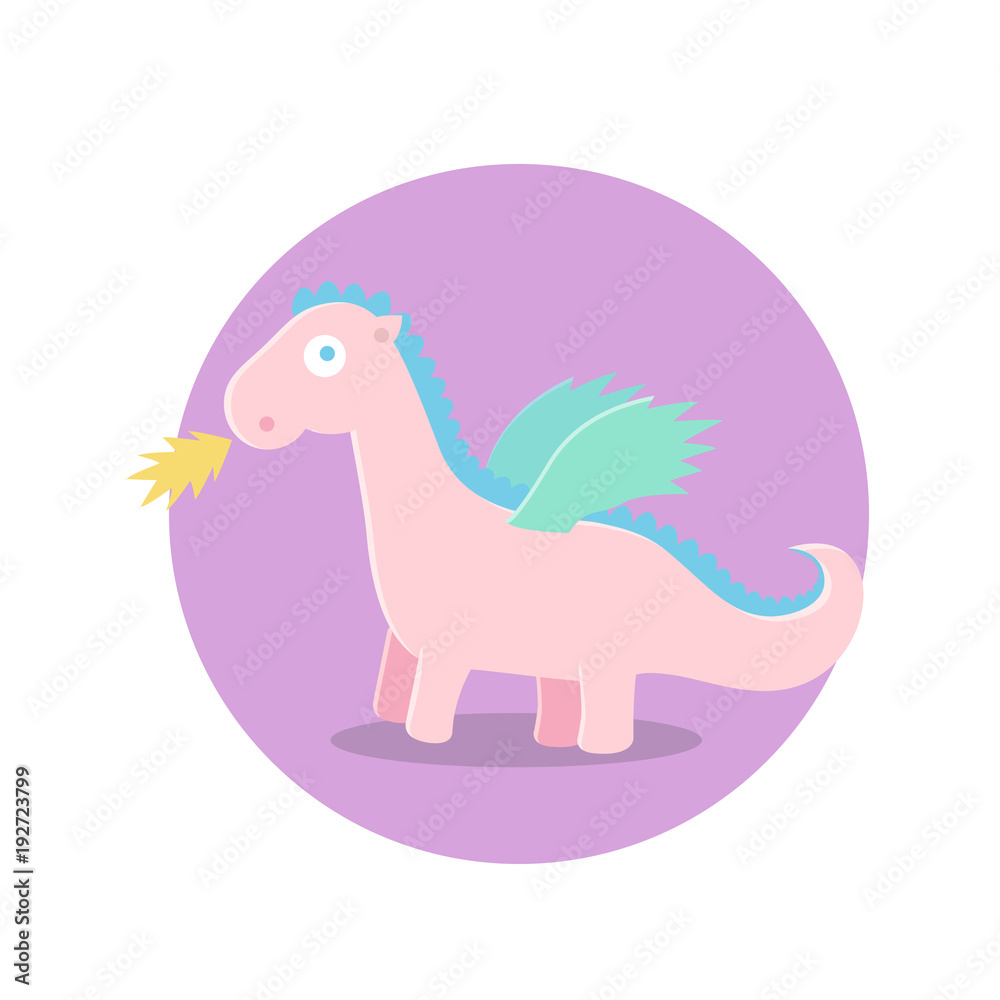 Fototapeta premium The pink dragon exhales the fire.Vector illustration. Fairy-tale subjects and characters. Objects on a colored circle. Design for pictures, icons, postcards, covers, flat and cartoon style.