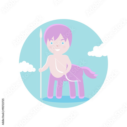 Centaur with spear and onion. Vector illustration. Fairy-tale subjects and characters. Objects on a colored circle. Design for pictures, icons, postcards, covers, flat and cartoon style.