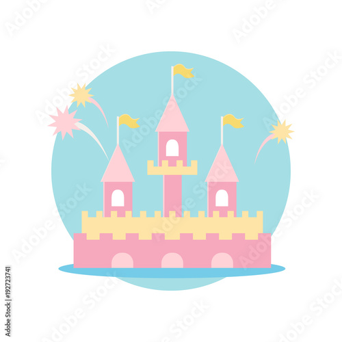 Multi-colored castle with three towers..Vector illustration. Fairy-tale subjects and characters. Objects on a colored circle. Design for pictures, icons, postcards, covers, flat and cartoon style.