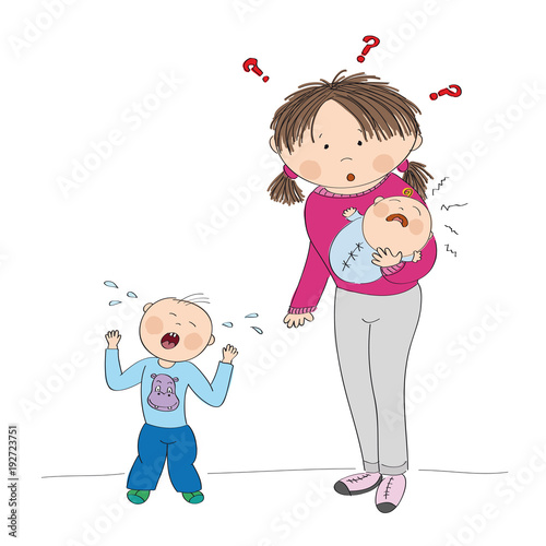 Puzzled young mother with two crying children - original hand drawn illustration