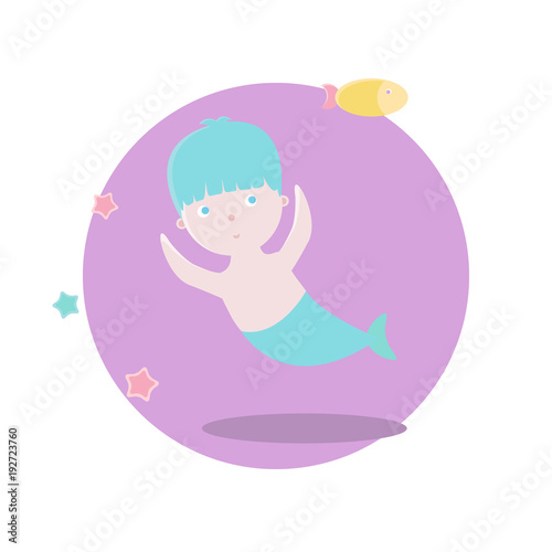The mermaid boy swims next to the fishes. Vector illustration. Fairy-tale subjects and characters. Objects on a colored circle. Design for pictures, icons, postcards, covers, flat and cartoon style.