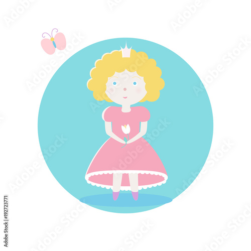 The princess in a pink dress is holding a flower in her hand. Vector illustration. Fairy-tale subjects and characters. Objects on a colored circle. Design for pictures, icons, postcards, covers