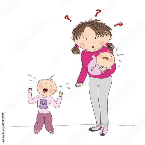 Puzzled young mother with two crying children - original hand drawn illustration