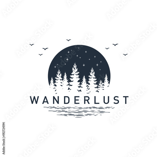 Hand drawn travel badge with pine trees textured vector illustration and 