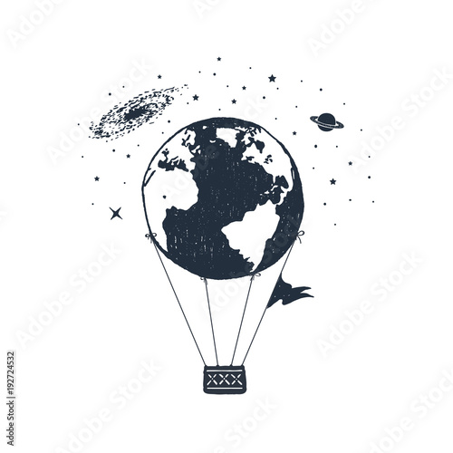 Hand drawn travel badge with Earth as a hot air balloon textured vector illustration.