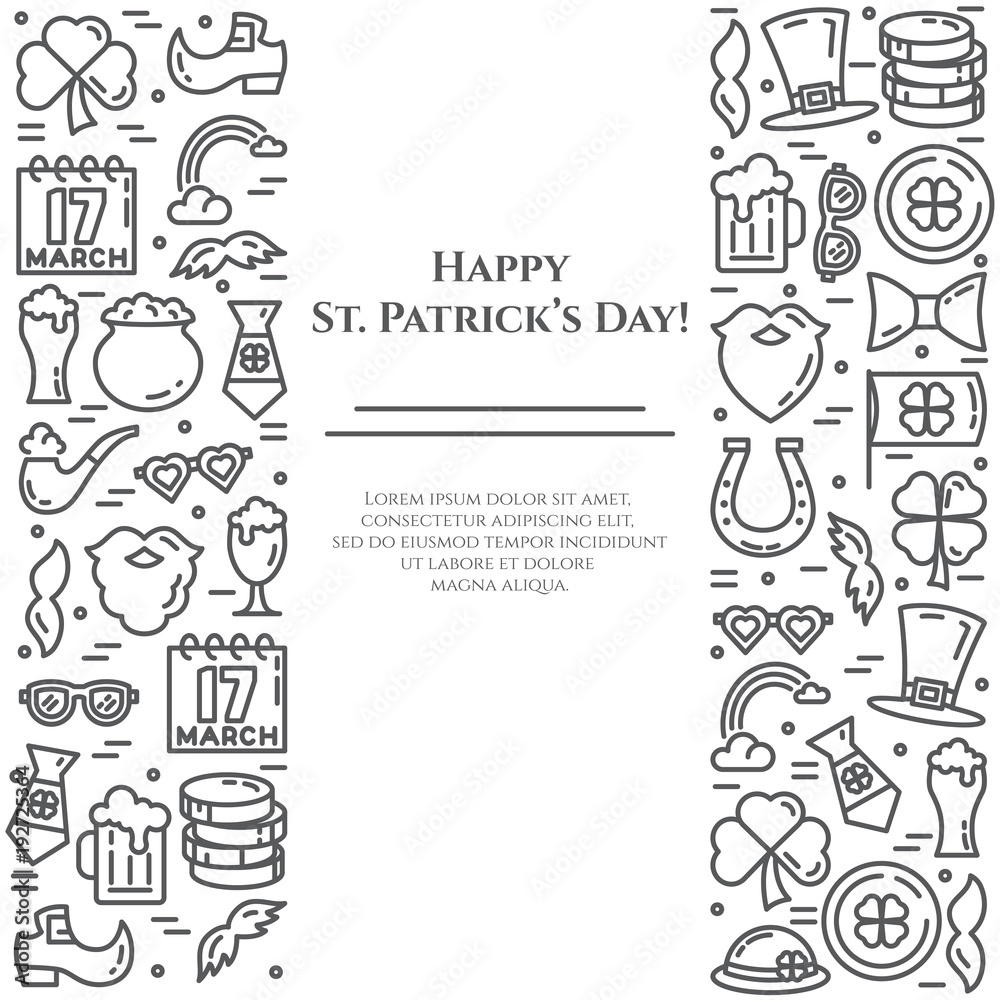 St. Patrick's Day theme black and white banner. Pictograms of shamrock, leprechaun hat, gold and other holiday related pictograms. Line out. Simple silhouette. Editable stroke. Vector illustration