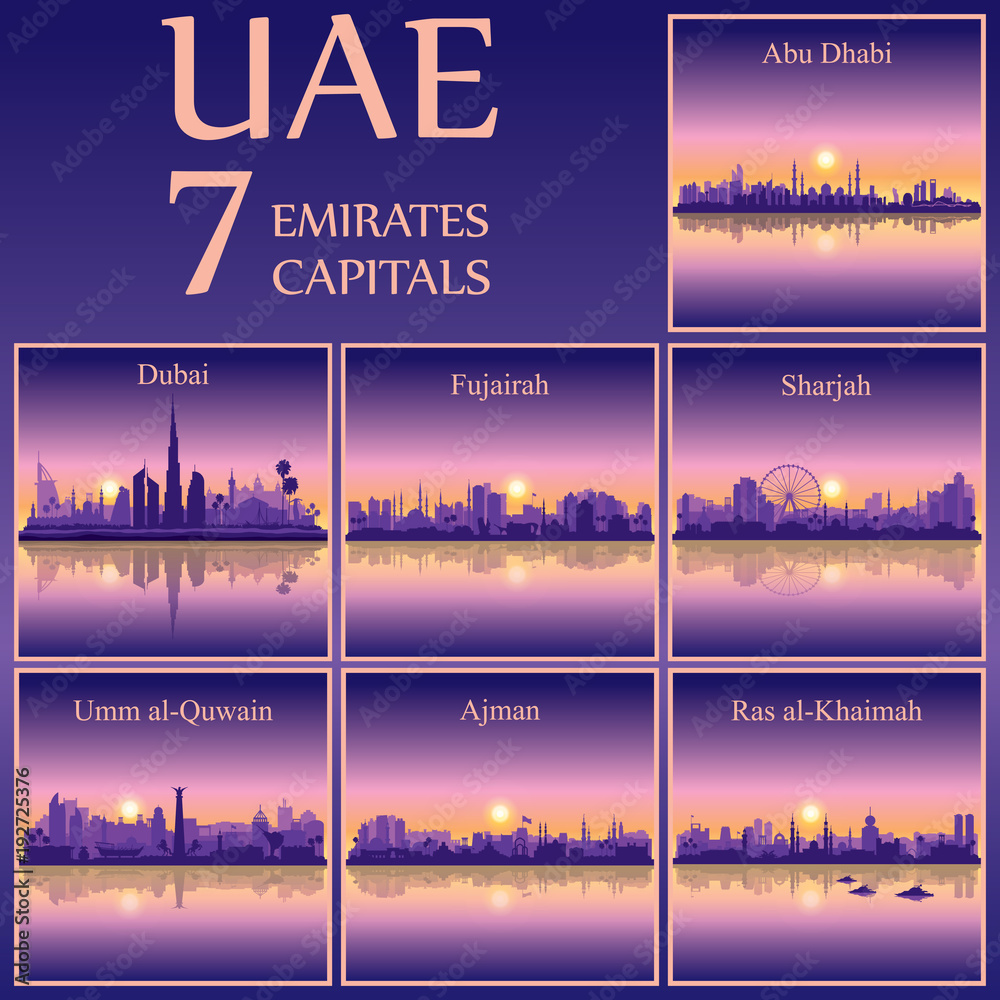 Uaae All the capital cities of the United Arab Emirates on sunset background ...