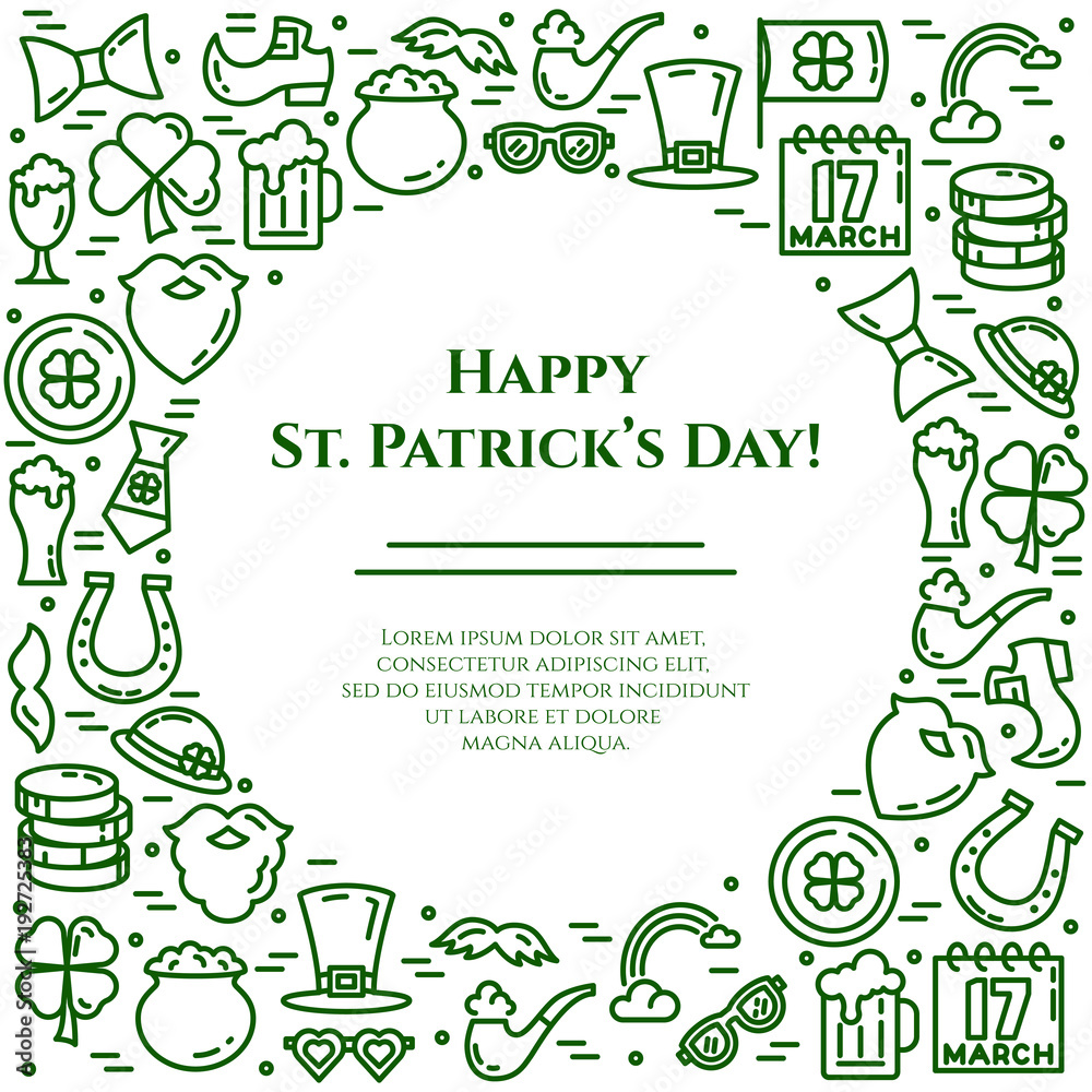 St. Patrick's Day theme green and white banner. Pictograms of shamrock, leprechaun hat, gold and other holiday related pictograms. Line out. Simple silhouette. Editable stroke. Vector illustration St. Patrick's Day theme green and white banner. Pictograms of shamrock, leprechaun hat, gold and other holiday related pictograms. Line out. Simple silhouette. Editable stroke. Vector illustration