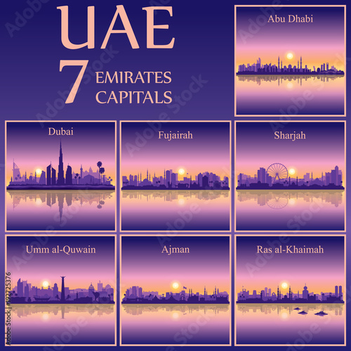All the capital cities of the United Arab Emirates on sunset background.