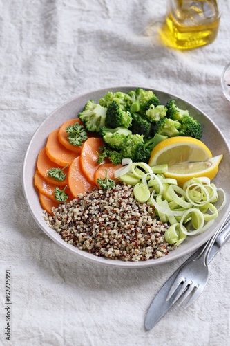 Quinoa salad with sweet potato and broccoli. Detox buddha bowl with quinoa, sweet potato and broccoli. Selective focus