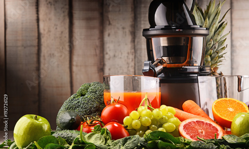 Schilderij op canvas Slow juicer with organic fruits and vegetables.
