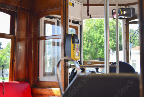 Interior of a old famous yellow elevator tram 28