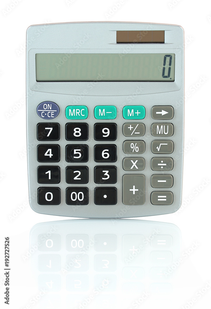 Grey calculator isolated on white background with shadow reflection. Battery and solar powered grey calculator on white backdrop. Grey calculator isolated on white background with shadow reflection. Battery and solar powered grey calculator on white backdrop.