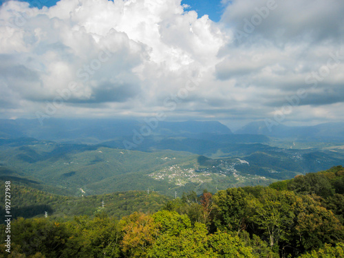 mountain landscape with blue sky and white clouds. Sochi  Russia