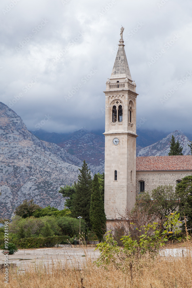 Village of Dobrota and St.Eustace's Church on the shore of Kotor Bay. Montenegro. 