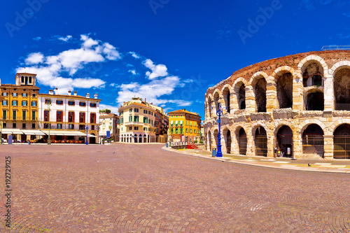 Roman amphitheatre Arena di Verona and Piazza Bra square panoramic view photo