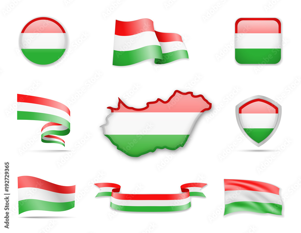 Hungary Flags Collection. Flags and contour map. Vector illustration Hungary Flags Collection. Flags and contour map. Vector illustration
