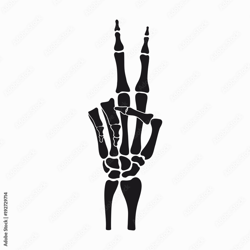 Peace sign of skeleton hand, gesture made of fingers bones. Vector