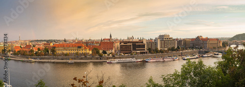 Scenic view on vltava river and historical center of prague buildings and landmarks of old town