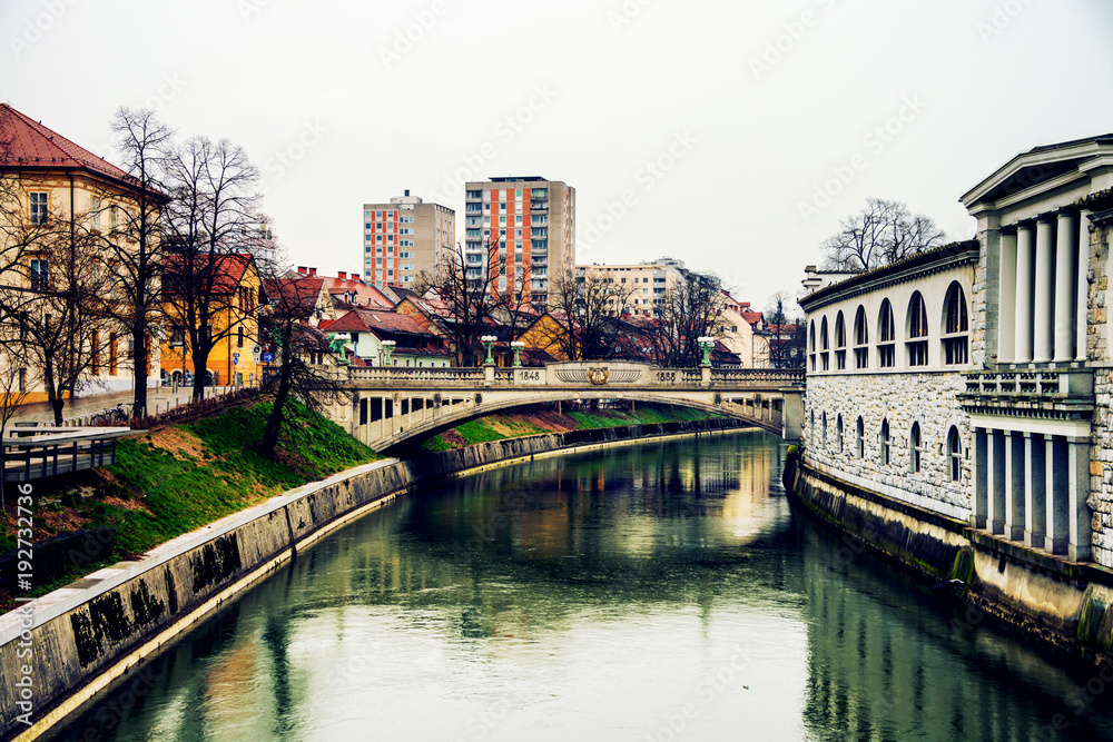 Bridge with famous old buildings in the city center