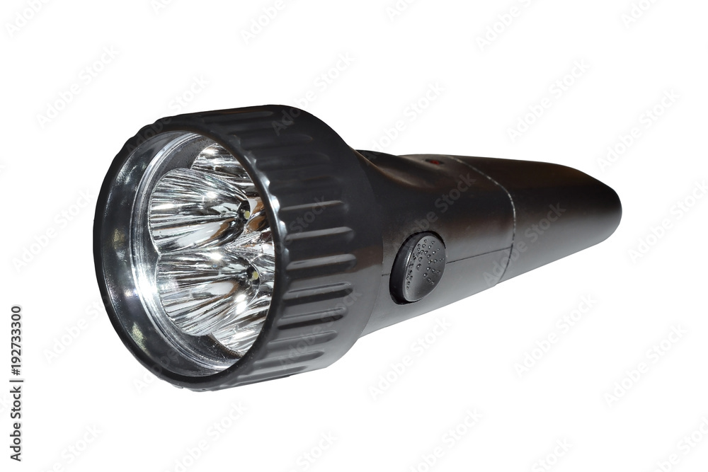 Led rechargeable flashlight in black plastic case isolated on white background Led rechargeable flashlight in black plastic case isolated on white background