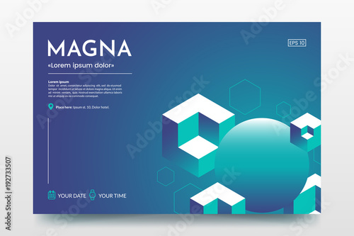 Horizontal minimalistic poster with isometric cubes and place for text. Abstract colorful isometric background. Use for party invitation, presentation, conference invite, avertising, web page, flyer.