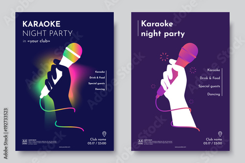 Karaoke party invitation flyer template. Silhouette of Hand with microphone on an abstract dark background. Concept for a night club advertising company. Creative invite poster. Vector eps 10 photo