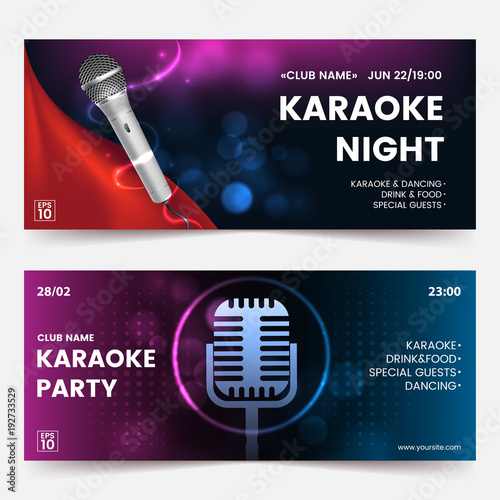 Karaoke party invitation flyer template. Karaoke tickets. Dark background with abstract light and glare. Composition with Silver microphone silhouette. Horizontal format. Vector eps 10.