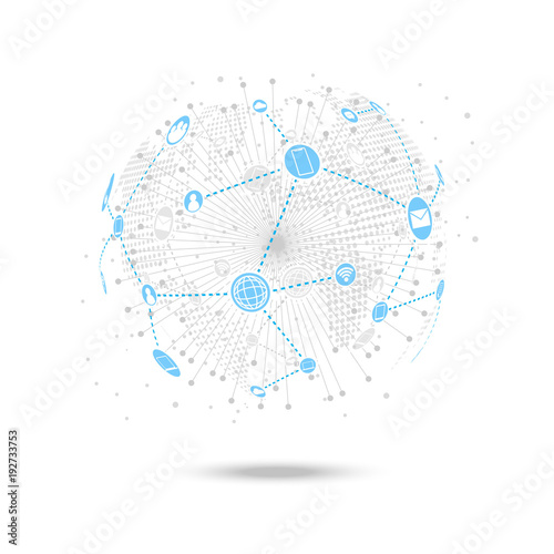 Media network connecttion over world map background, communication concept, vector