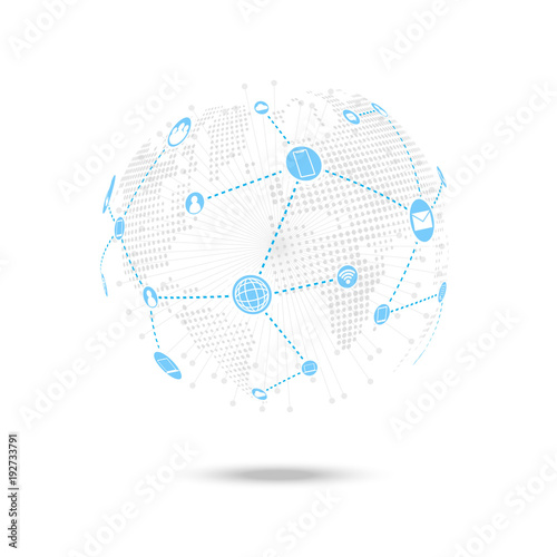 Media network connecttion over world map background, communication concept, vector