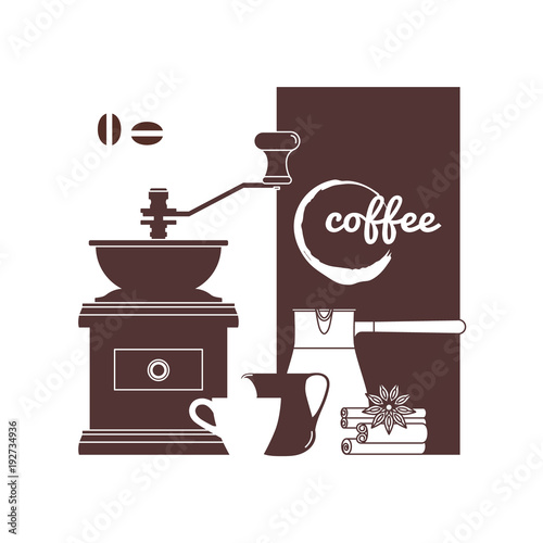 Coffee grinder, cezve, pitcher, cup, cinnamon and anise. Coffee house, cafe, cafeteria, pastry shop. Design element for the menu, flyer, advertising. Vector illustration.