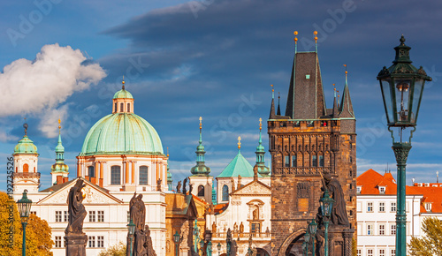 Scenic view of historical center Prague, Charles bridge and buildings of old town, Prague, Czech Republic