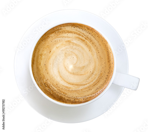 Top view of hot coffee latte cappuccino spiral foam isolated on white background, clipping path included