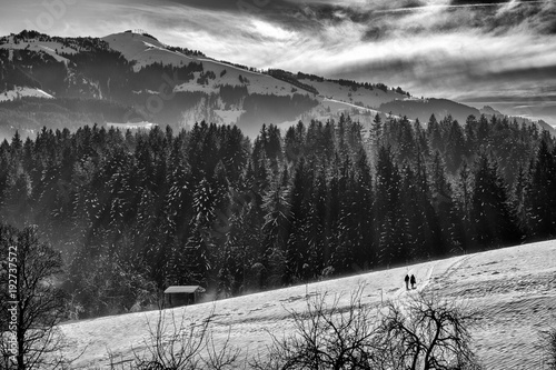 Zwei Wanderer im Schnee mit Wald und Berge