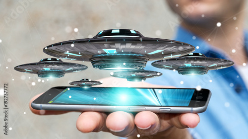 Fototapeta Naklejka Na Ścianę i Meble -  Businessman with retro UFO spaceship 3D rendering