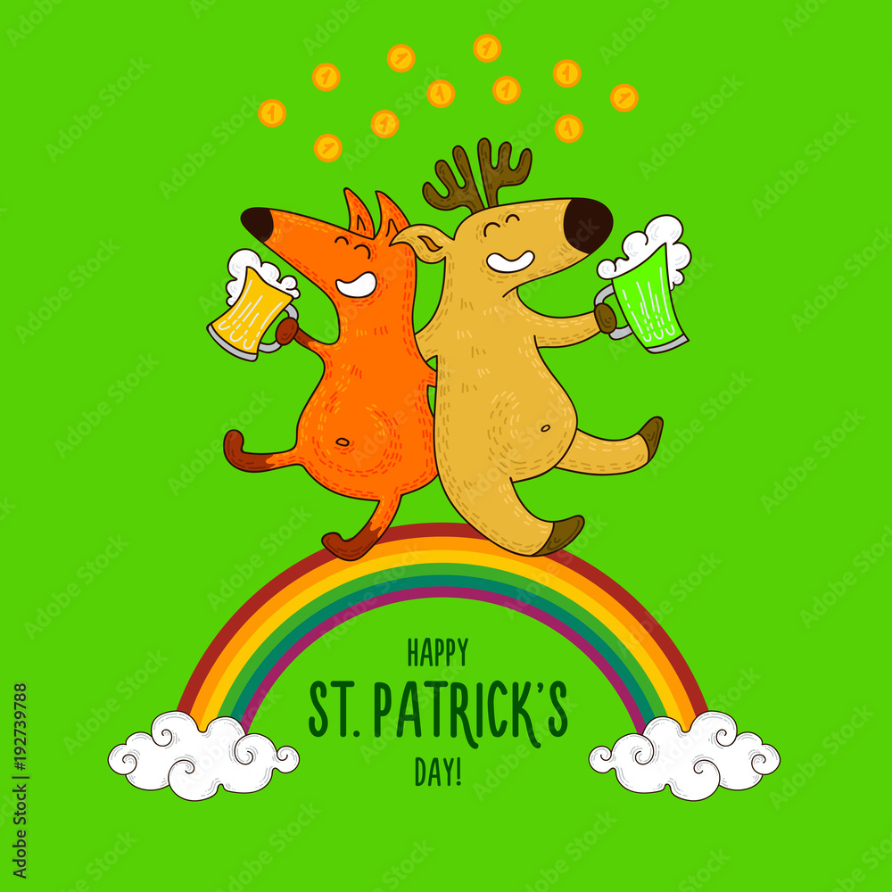 Naklejka premium Saint Patrick's Day card with foxes and irish simbols
