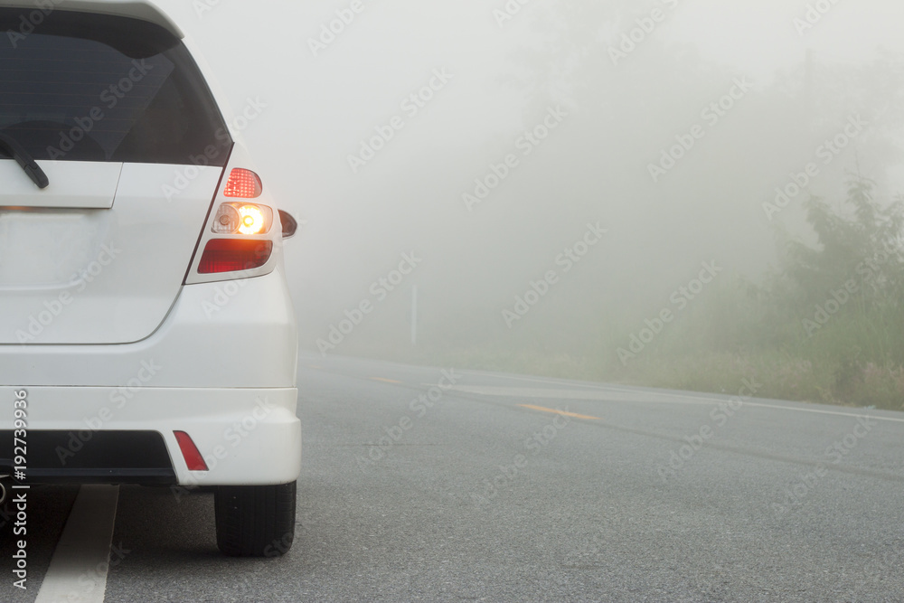 The back of the car break on the road with foggy on morning. The back of the car break on the road with foggy on morning.