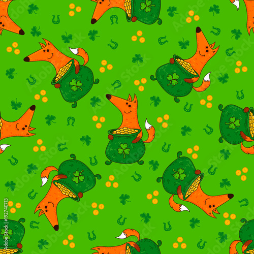 Saint Patrick s Day patterns with foxes and irish simbols