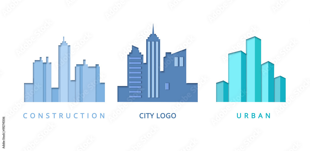 Paper Cut Out Logo Template Set with City Buildings. Origami Real Estate Symbols for Branding, Brochure, Identity. Vector illustration