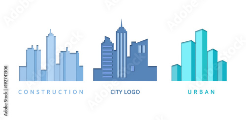 Paper Cut Out Logo Template Set with City Buildings. Origami Real Estate Symbols for Branding  Brochure  Identity. Vector illustration