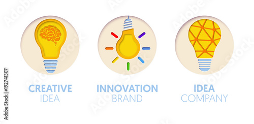 Paper Cut Out Logo Template Set with Light Bulbs. Origami Creative Idea Symbols for Branding, Brochure, Identity. Vector illustration