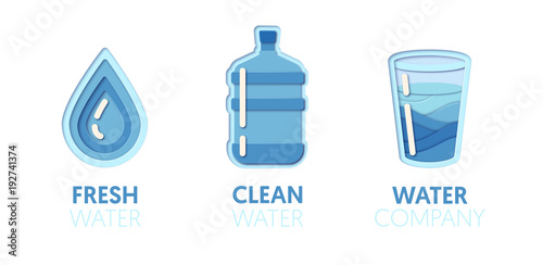 Paper Cut Out Logo Template Set with Clean Water. Origami Healthy Eating Symbols for Branding, Brochure, Identity. Vector illustration