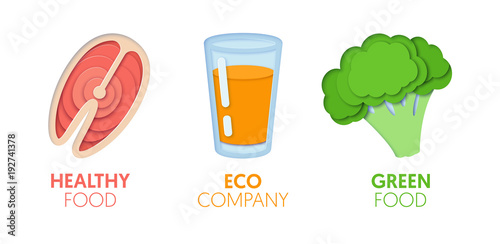 Paper Cut Out Logo Template Set with Eco Green Food. Origami Healthy Eating Symbols for Branding, Brochure, Identity. Vector illustration