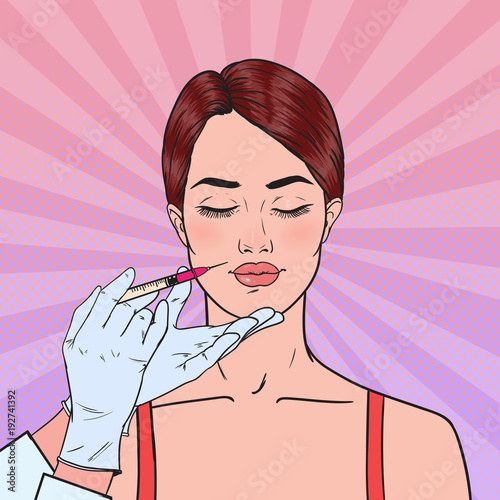 Beauty Injection. Pop Art Doctor Hands in Gloves with Syringe. Plastic Surgery, Facial Skin Lifting Treatment. Vector illustration